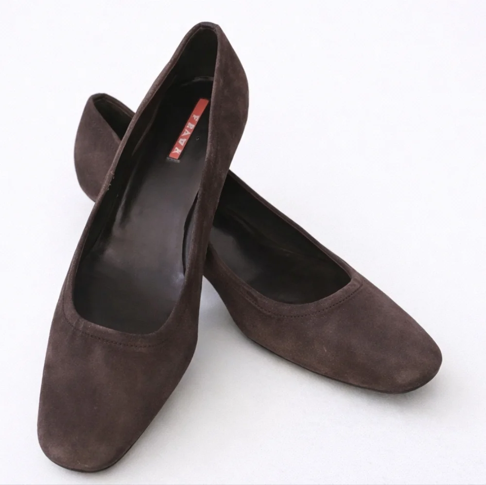 Authentic Vintage Prada Square Toe Kitten Heels - Taupe / Mushroom Suede